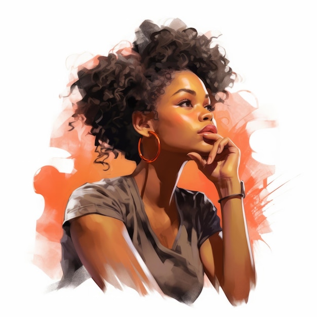 Black young woman in thinking and doubts illustration Female hipster character with dreamy face on abstract background Ai generated bright drawn colorful poster