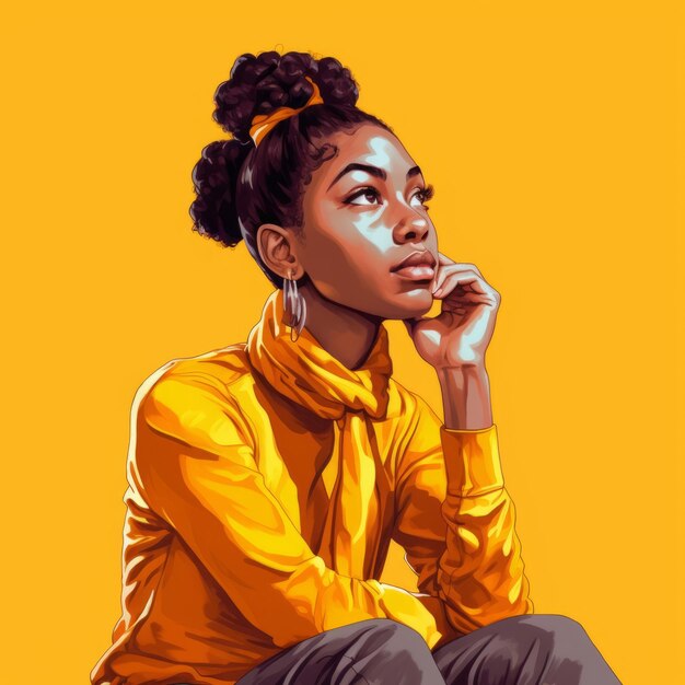 Black young woman in thinking and doubts illustration female hipster character with dreamy face on abstract background ai generated bright drawn colorful poster