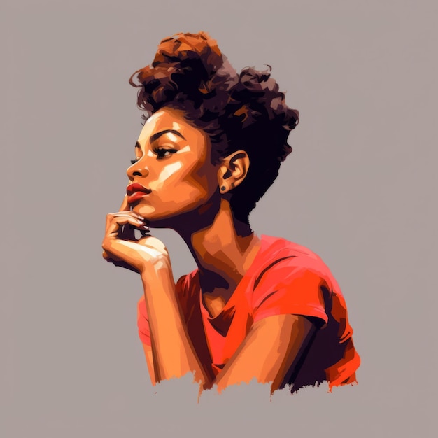 생각과 의심의 흑인 젊은 여성 추상적 인 배경에 꿈꾸는 얼굴을 가진 여성 힙 스터 캐릭터 Ai는 밝은 그려진 다채로운 포스터를 생성했습니다.
