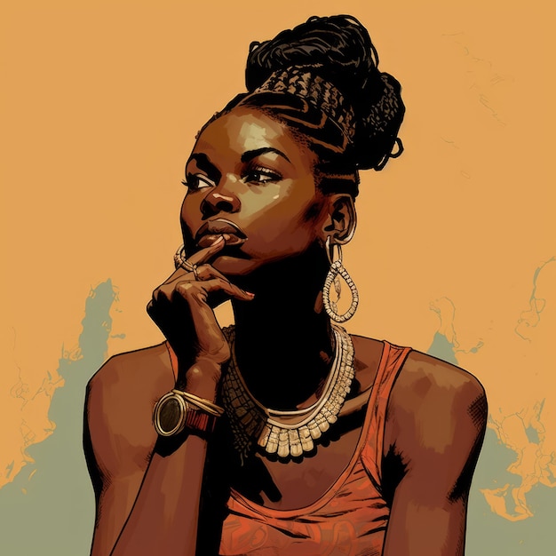 Black young woman in thinking and doubts illustration Female hipster character with dreamy face on abstract background Ai generated bright drawn colorful poster