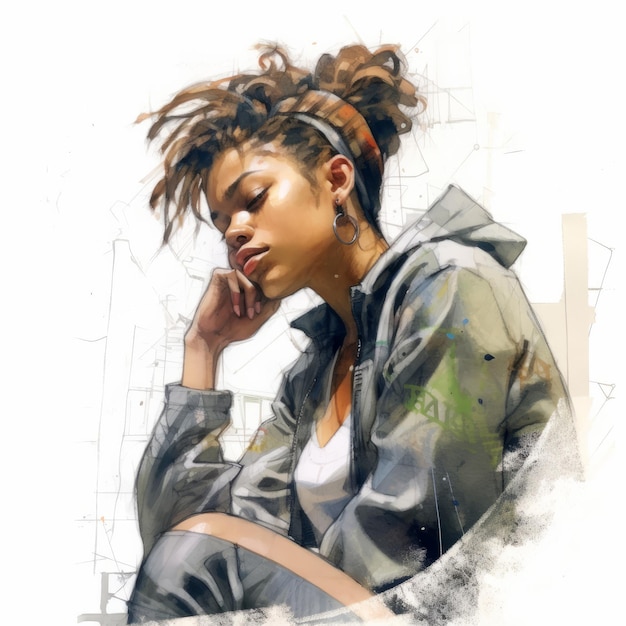 Black young woman in thinking and doubts watercolor illustration Female hipster character with dreamy face on abstract background Ai generated bright drawn colorful poster