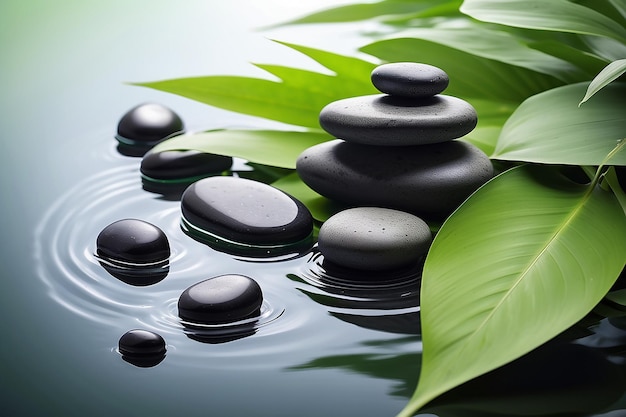 Black zen stones green leaves water background