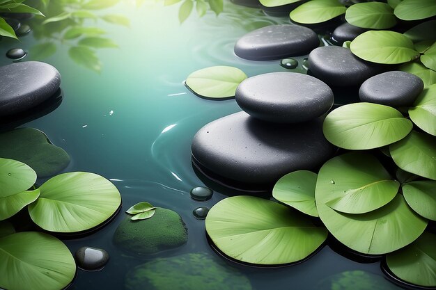 Black zen stones green leaves water background