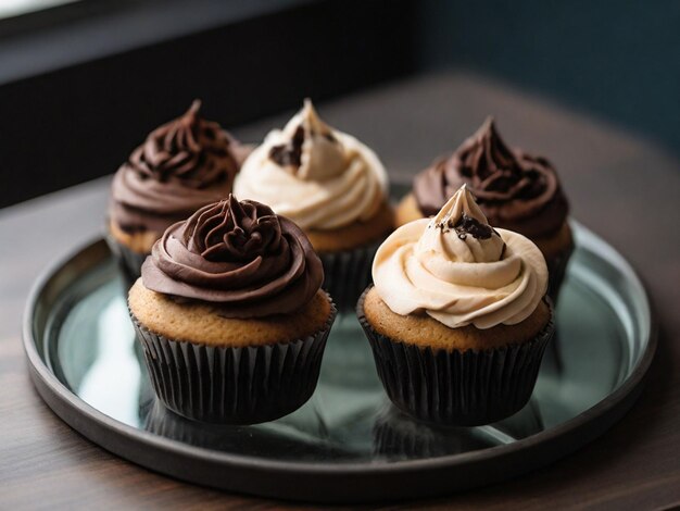 blackandbrown cupcakes on glass tray