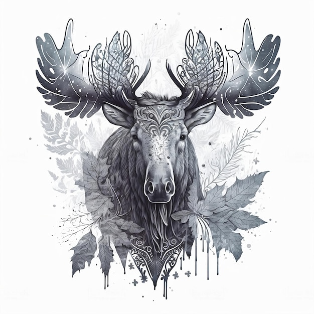Blackandwhite elk with huge horns and leaves pattern design