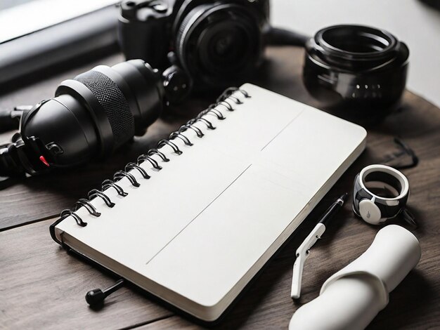 Blackandwhite notebook and a white smartphone with various items