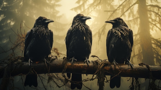 A blackandwhite photograph of three crows standing on a branch in the middle of a forest Created with Generative AI