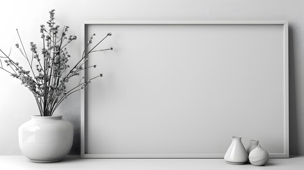 Черно-белая картинка висит рядом с серым цветочным горшком на деревянной стене