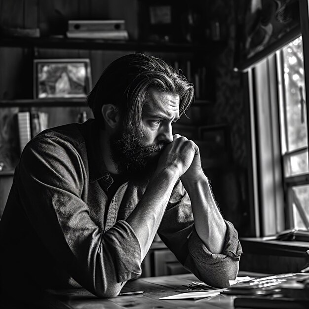 Photo blackandwhite portrait of a content creator deep in thought with a moody atmospheric feel that e