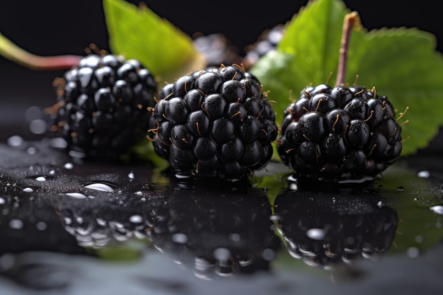 Blackberries on a black background with green leaves