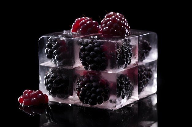 Blackberries and blackberries are on ice cubes.