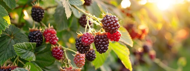 Photo blackberries grow in the garden ripe and unripe blackberries on a bush generative ai