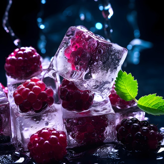 BLACKBERRIES AND ICE CUBES FLOATING