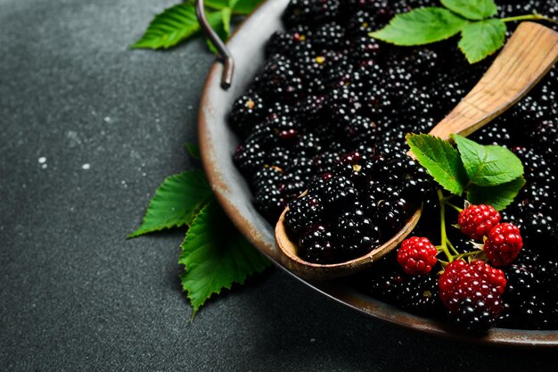 Blackberries in een kom Verse blackberry bessen en groene bladeren close-up macro foto Top view