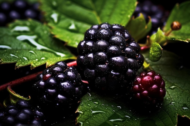 Blackberries on a leaf with water drops