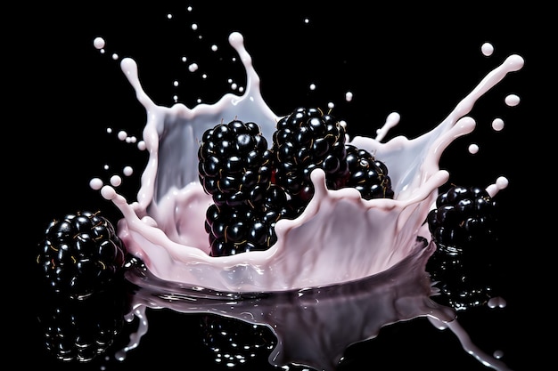 Photo blackberries milk splash floating isolated on transparent background