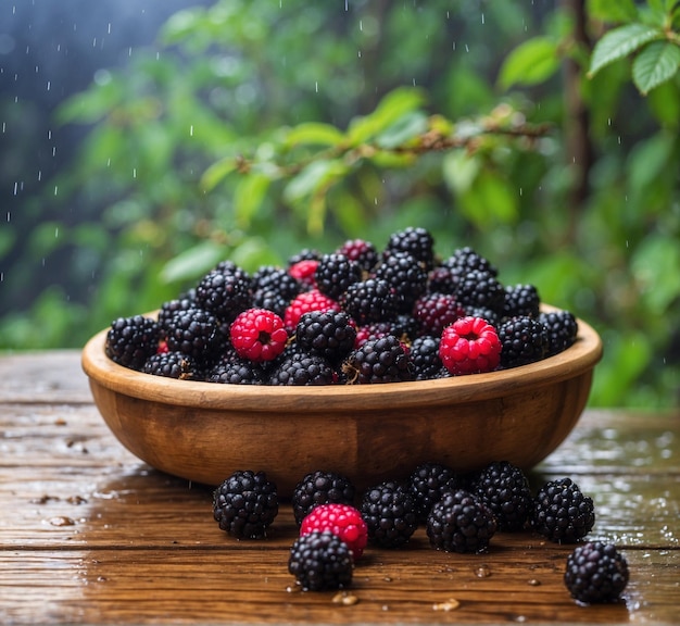 Blackberries and raspberries in a wooden bowl on a wooden table