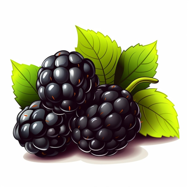 Blackberries with green leaves on a white background