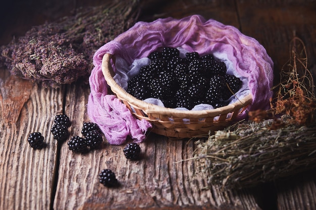 Blackberries on a wooden surface