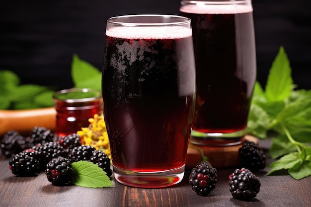 A blackberry ale with fresh blackberries around the glass