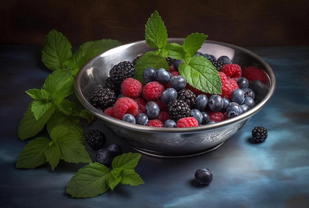 blackberry berries and mint are displayed in stainless steel bowl