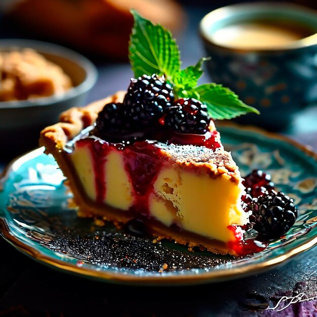 blackberry cake with green leaves decoration on a light blue plate and out of focus background