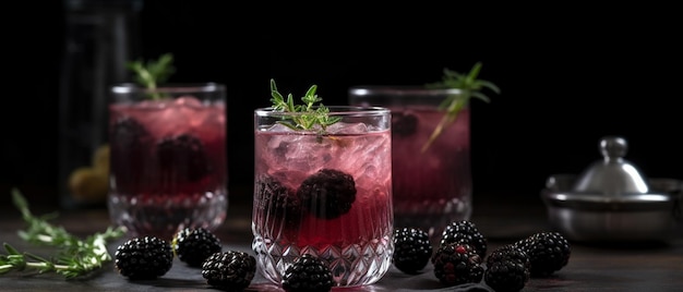 A blackberry cocktail with blackberries on the bottom.