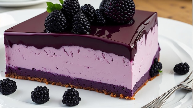 Blackberry cream mousse cake with chocolate glaze and frozen blackberry on top on a white plate