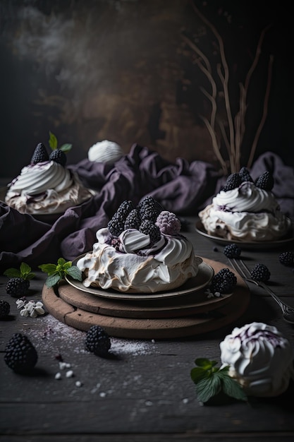 Documentario blackberry e creme fraiche meringue nests illustration ai generative