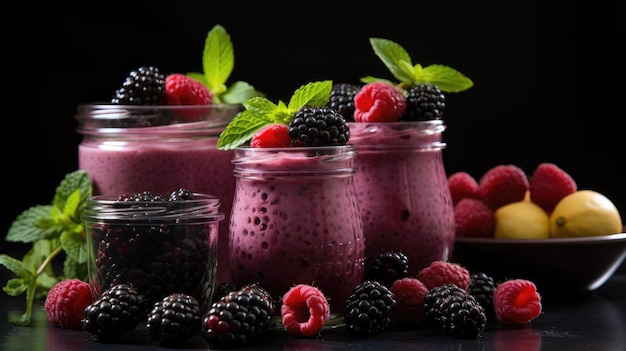 Blackberry-fruitsmoothies weergegeven in doorzichtige glazen potten naast een grijze betonnen muur een sug