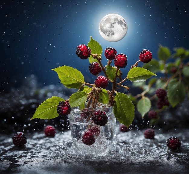 Blackberry in a glass vase with a full moon in the background