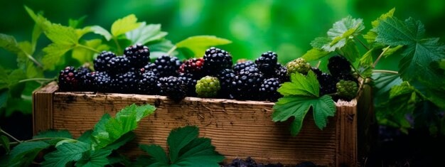 Photo blackberry harvest in a box in the garden selective focus