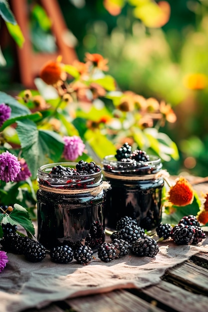 Blackberry jam in the garden Selective focus