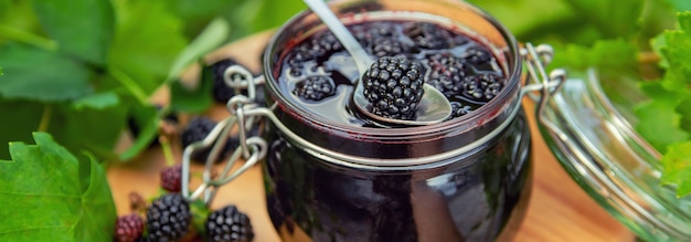 Blackberry jam in a glass jar