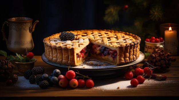 A blackberry pie with a slice taken out of it