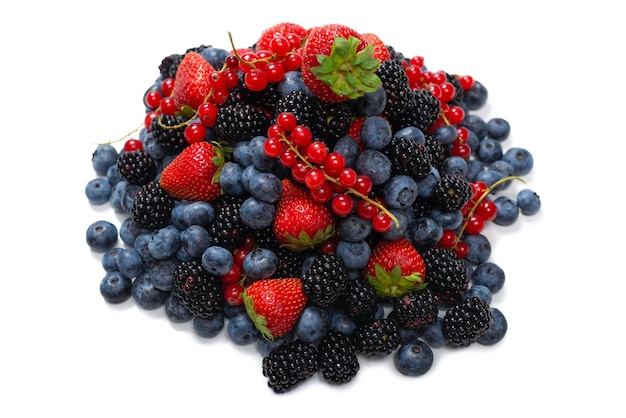 Blackberry, raspberry, blueberry,  red currant isolated on a white background. Top view.