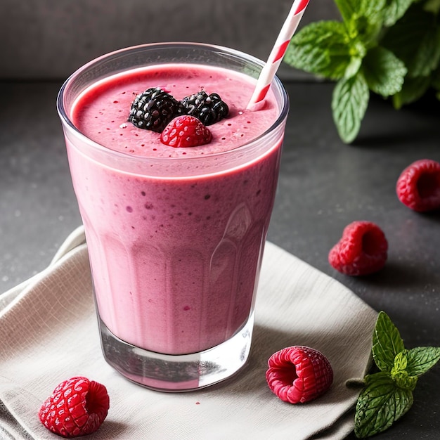 Blackberry raspberry and cherry milk smoothie with mint