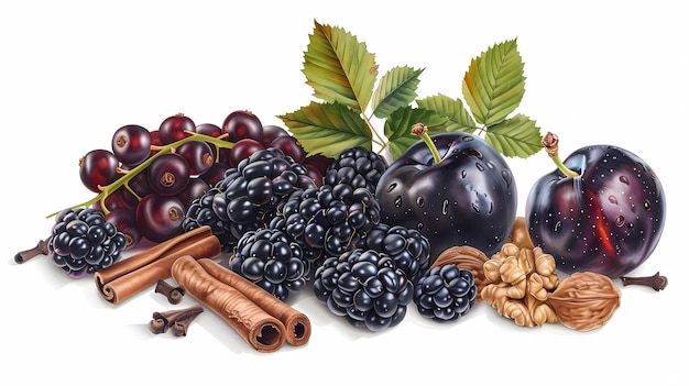 Blackberry red currant blueberry black currant cinnamon and walnut on white background