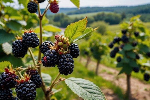 blackberry on a tree with a blackberry orchard in the background