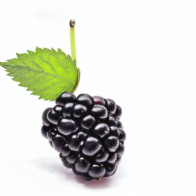 A blackberry with a leaf on it and a green leaf on the right.