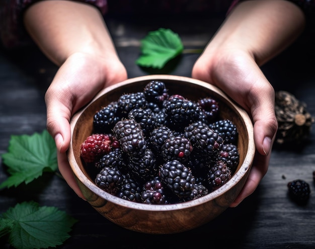 Blackberry on a wooden background Created with Generative AI technology