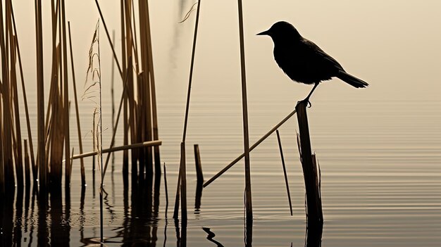 Photo blackbird on a cattail shadow silhouette concept