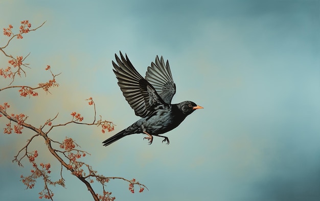 Blackbird Soaring in Sky Blue