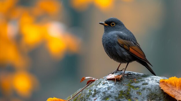 Blackbird turdus merula sitting on a rock in autumn forest generative ai