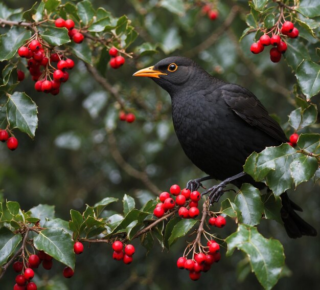 A blackbird with red berries in its beak sitting on a branch