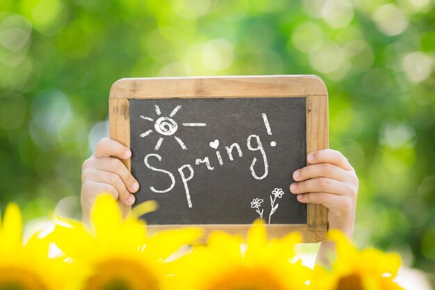 Foto lavagna vuota nelle mani su sfondo verde primavera