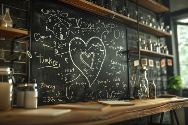 A blackboard filled with equations and heart drawi