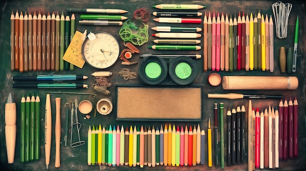 A blackboard filled with school supplies such as books pens and rulers on a green background showcasing the importance of organization and preparation