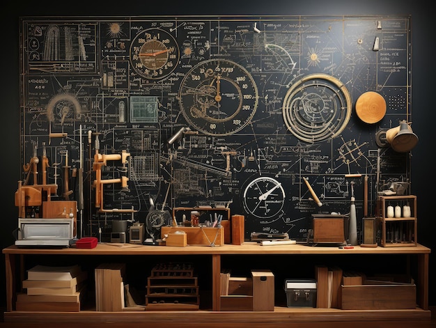 A blackboard full of text and graphics is in front of a solid wood cabinet