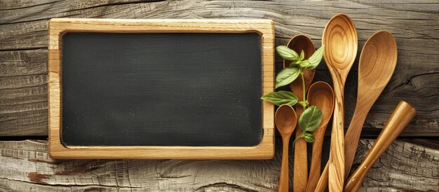 Foto blackboard geplaatst op een houten oppervlak naast serverende lepels